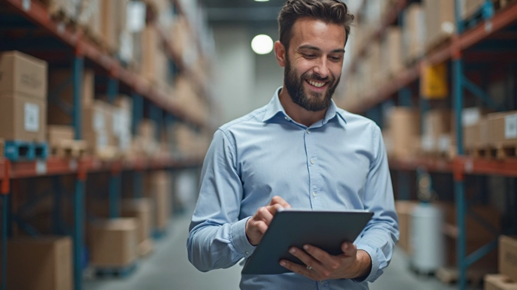 Moderner Lagerverwaltungsarbeitsplatz mit Computersystem und Bestandskontrollgeräten