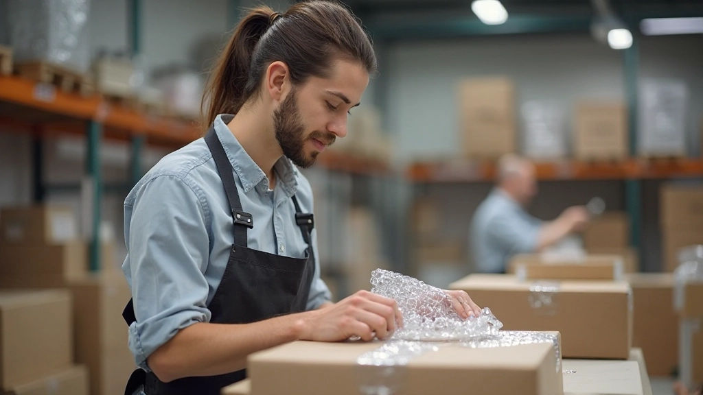 Arbeiter verpackt Paket mit Sorgfalt und professionellen Versandmaterialien