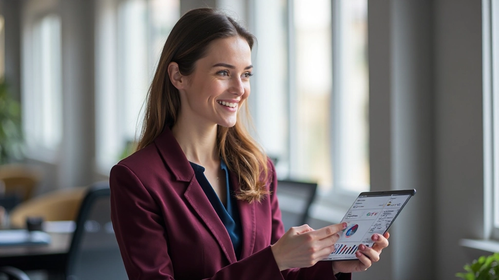 Statistik-Dashboard mit Video-Engagement-Metriken auf einem Tablet-Bildschirm, gehalten von professioneller Hand in modernem Office-Umfeld
