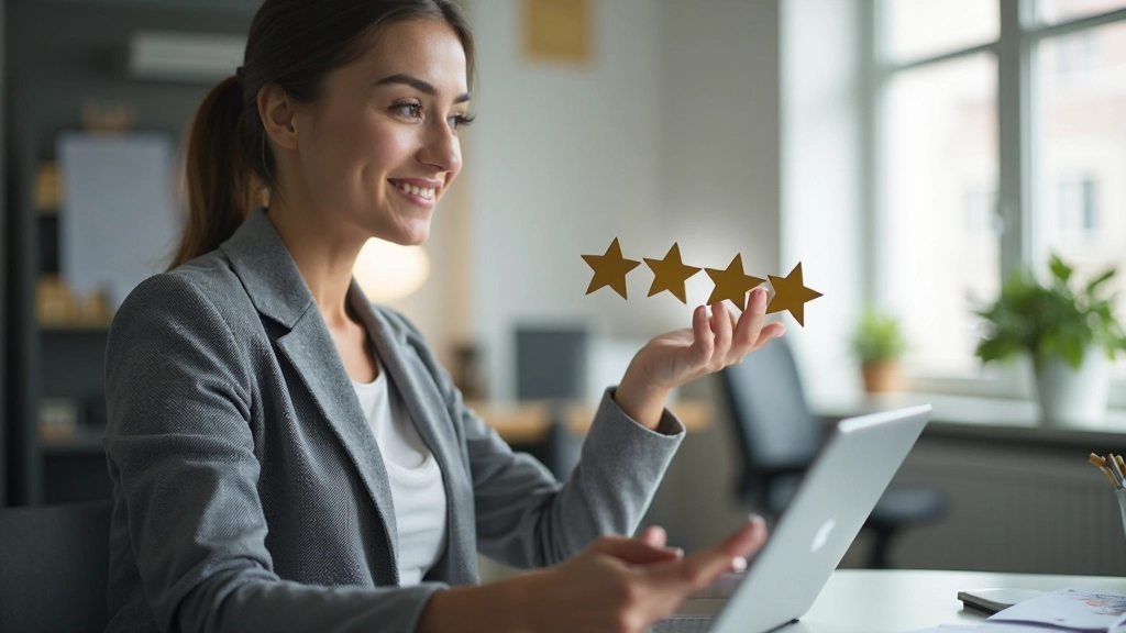 Kundin gibt Feedback zu ihrem E-Commerce-Einkaufserlebnis, fünf-Sterne-Bewertung