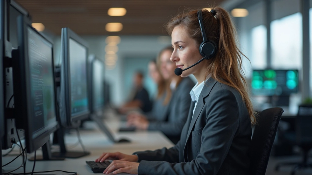Kundenservice-Agent mit Headset im modernen Call-Center nutzt KI-gestützte Tools zur Kundenbetreuung