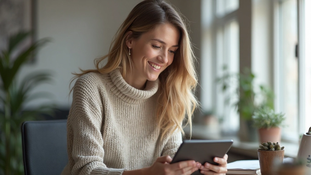 Zufriedene Kundin interagiert mit Online-Shop auf Tablet