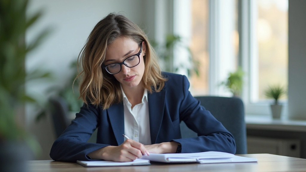 Professionelles Foto einer Marketingfachfrau bei der Content-Planung am Schreibtisch mit Laptop und Notizbuch, modernes Büro mit natürlichem Licht, unscharfer Hintergrund