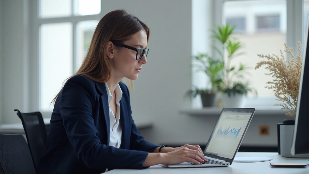 Professionelles Foto einer Marketingfachperson, die Analytics-Daten auf einem modernen Laptop analysiert, helles Büroumfeld, natürliches Licht von links, unscharfer Hintergrund