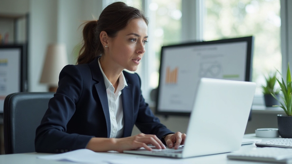 Geschäftsfrau optimiert Arbeitsprozesse mit Automatisierungssoftware am modernen Büroarbeitsplatz