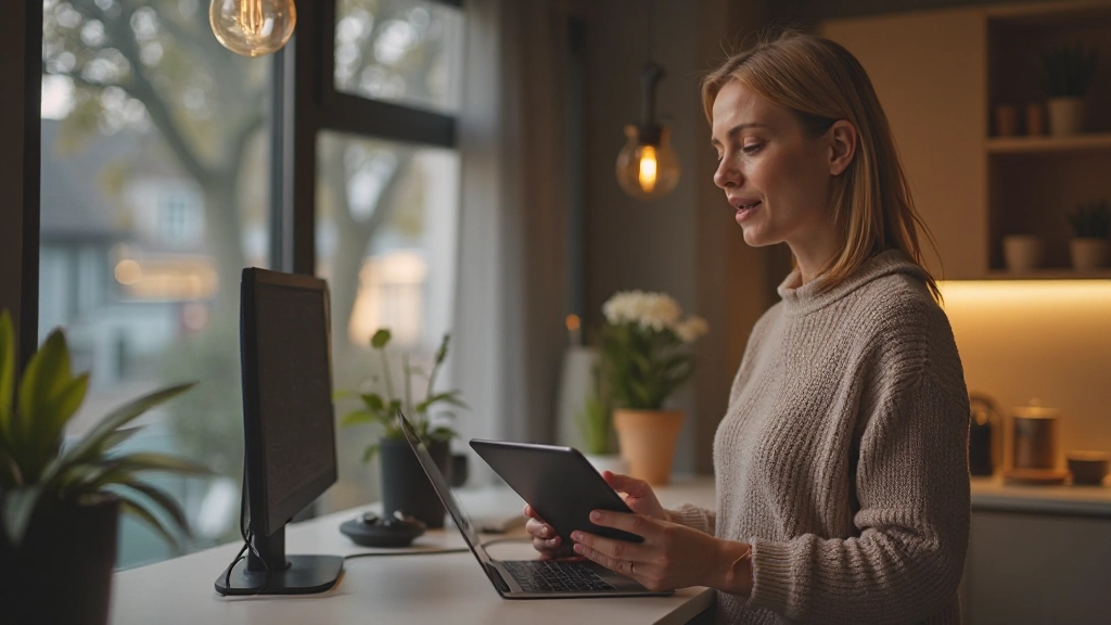 Kunde spricht mit Smart Speaker während Online-Einkauf auf Tablet