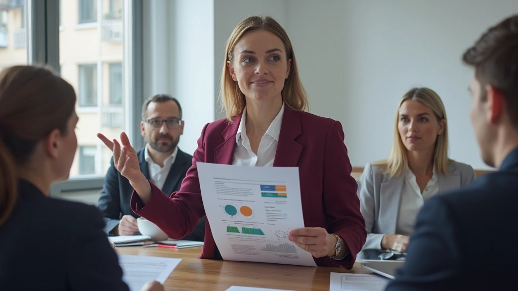 Geschäftsfrau präsentiert Verkaufsanalyse mit Grafiken und Tabellen vor Team in modernem Konferenzraum